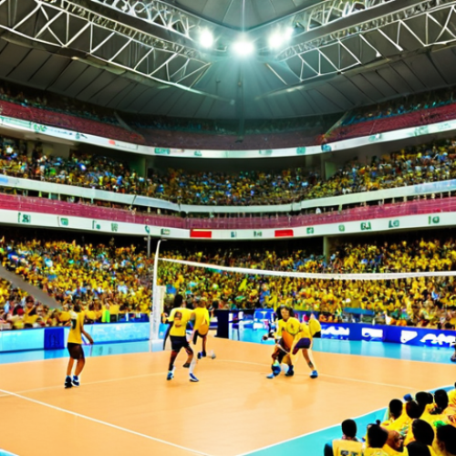Home 15 **
"A vibrant, electrifying Brazilian volleyball Superliga match. Packed stadium, passionate fans cheering, players in action. Focus on the energy and local pride. Colors of the team are prominent. High-definition sports photography."
**