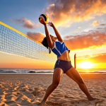 ** A dynamic volleyball player mid-spike, muscles tensed, against a vibrant sunset background over a beach court. Focus on the energy and power of the movement.

**