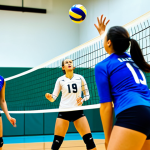 A diverse team of volleyball players engaged in a synchronized game moment on an indoor court. One player jumps to spike the ball over the net, while two teammates are positioned for a block, and others are in a defensive receiving stance. All players are wearing modest, standard volleyball uniforms, fully clothed in appropriate athletic attire. The scene is captured with professional sports photography, showcasing sharp focus, vibrant lighting, and high detail. The background features a well-maintained court and net, with a slightly blurred effect to emphasize the action. This image conveys intense teamwork and athletic synchronicity. safe for work, appropriate content, family-friendly, perfect anatomy, correct proportions, natural pose, well-formed hands, proper finger count, natural body proportions.
