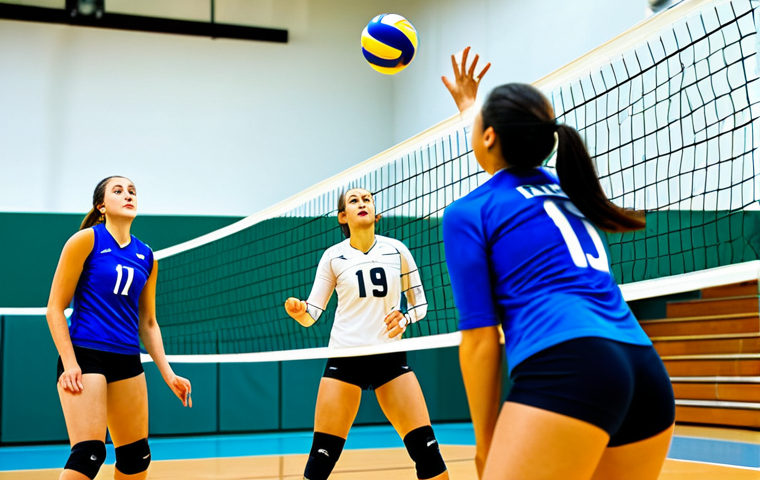 A diverse team of volleyball players engaged in a synchronized game moment on an indoor court. One player jumps to spike the ball over the net, while two teammates are positioned for a block, and others are in a defensive receiving stance. All players are wearing modest, standard volleyball uniforms, fully clothed in appropriate athletic attire. The scene is captured with professional sports photography, showcasing sharp focus, vibrant lighting, and high detail. The background features a well-maintained court and net, with a slightly blurred effect to emphasize the action. This image conveys intense teamwork and athletic synchronicity. safe for work, appropriate content, family-friendly, perfect anatomy, correct proportions, natural pose, well-formed hands, proper finger count, natural body proportions.