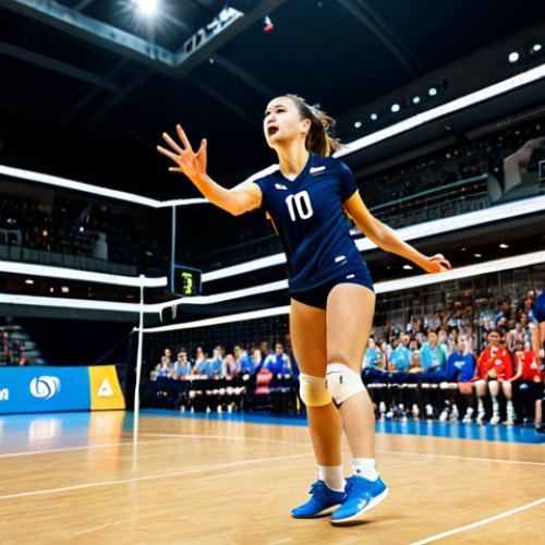 Home 20 A dynamic full-body shot of a professional female volleyball player mid-spike on an indoor court during an intense match. She is fully clothed in a modest athletic uniform, focused with a determined expression, surrounded by blurred but energetic stadium lights and a cheering crowd in the background. The image should convey high energy and athletic prowess, captured with professional sports photography techniques, perfect anatomy, correct proportions, well-formed hands, proper finger count, natural body proportions, natural pose, safe for work, appropriate content, family-friendly.