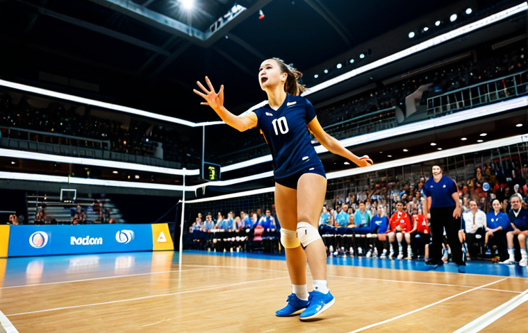 A dynamic full-body shot of a professional female volleyball player mid-spike on an indoor court during an intense match. She is fully clothed in a modest athletic uniform, focused with a determined expression, surrounded by blurred but energetic stadium lights and a cheering crowd in the background. The image should convey high energy and athletic prowess, captured with professional sports photography techniques, perfect anatomy, correct proportions, well-formed hands, proper finger count, natural body proportions, natural pose, safe for work, appropriate content, family-friendly.