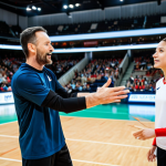 A diverse group of adult professional volleyball athletes in action on a well-lit indoor court, fully clothed in modest, modern team uniforms. The players are captured in a dynamic moment, showing seamless teamwork and non-verbal communication, such as an intuitive pass and spike sequence, or a quick, encouraging glance between teammates. Their expressions convey intense focus, determination, and profound mutual support. The background depicts a professional sports arena with blurred spectators, emphasizing the game's environment. Safe for work, appropriate content, fully clothed, professional, modest, family-friendly. Perfect anatomy, correct proportions, natural pose, well-formed hands, proper finger count, natural body proportions, high-quality professional sports photography, realistic, vivid colors.