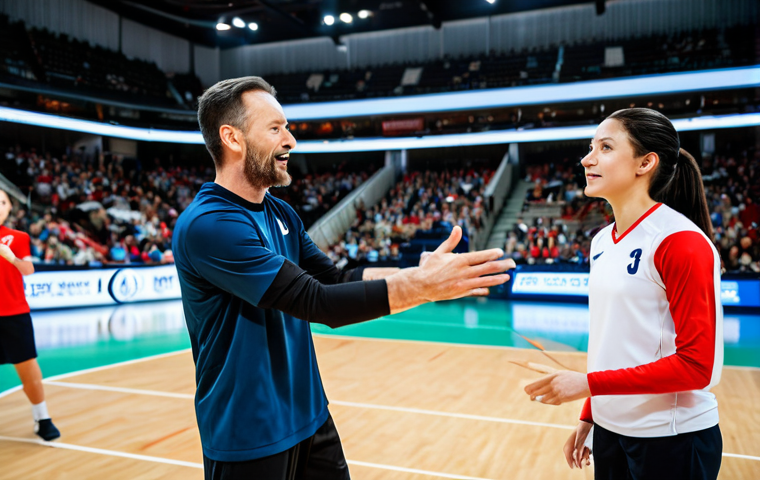 A diverse group of adult professional volleyball athletes in action on a well-lit indoor court, fully clothed in modest, modern team uniforms. The players are captured in a dynamic moment, showing seamless teamwork and non-verbal communication, such as an intuitive pass and spike sequence, or a quick, encouraging glance between teammates. Their expressions convey intense focus, determination, and profound mutual support. The background depicts a professional sports arena with blurred spectators, emphasizing the game's environment. Safe for work, appropriate content, fully clothed, professional, modest, family-friendly. Perfect anatomy, correct proportions, natural pose, well-formed hands, proper finger count, natural body proportions, high-quality professional sports photography, realistic, vivid colors.