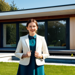 **

A professional female architect, fully clothed in a stylish but modest dress and blazer, standing in front of a completed modern house design.  Bright, sunny day.  The house features clean lines and sustainable materials. Perfect anatomy, correct proportions, well-formed hands, proper finger count, natural pose, safe for work, appropriate content, professional, family-friendly.

**