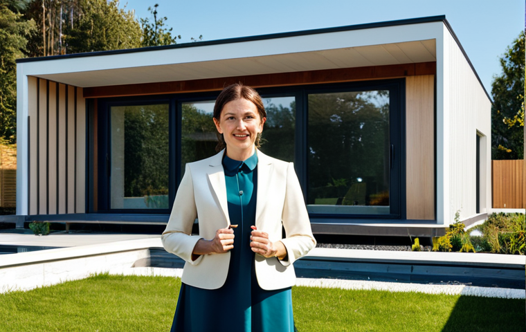 **

A professional female architect, fully clothed in a stylish but modest dress and blazer, standing in front of a completed modern house design.  Bright, sunny day.  The house features clean lines and sustainable materials. Perfect anatomy, correct proportions, well-formed hands, proper finger count, natural pose, safe for work, appropriate content, professional, family-friendly.

**