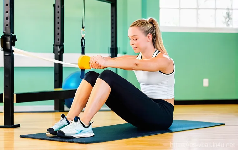 배구 경기 중 흔한 부상과 대처법 - **Knee and Ankle Stability Training with Equipment:**
    "A male volleyball player, approximately 2...