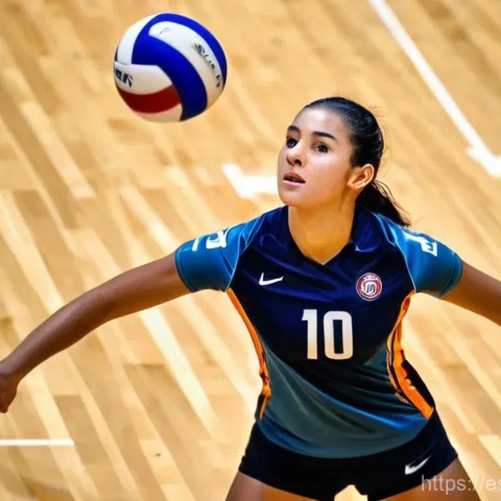 배구 경기 중 공기 저항 영향 - **"Dynamic indoor volleyball scene. A focused female volleyball player in athletic shorts and a jers...