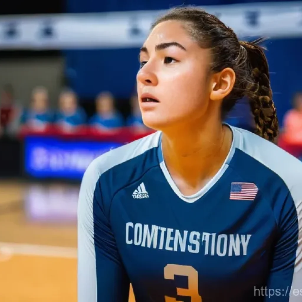 배구 경기 중 심리적 압박 다루는 법 - **Conscious Breathing in a Tense Match:**
    "A female volleyball player, mid-match, stands on the ...