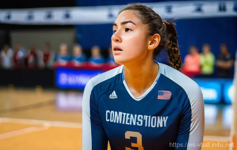 배구 경기 중 심리적 압박 다루는 법 - **Conscious Breathing in a Tense Match:**
"A female volleyball player, mid-match, stands on the ...
