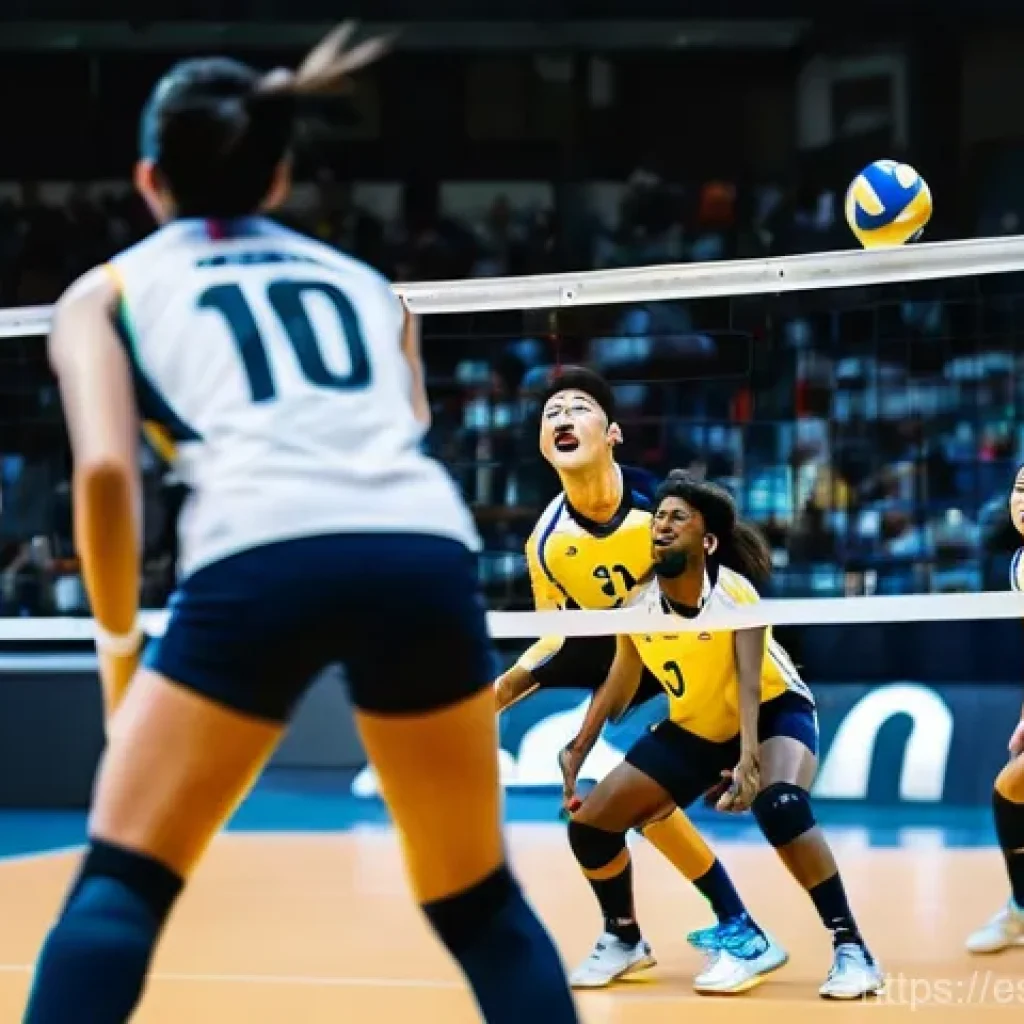 배구 경기 관람 후 소감 작성 - **Prompt:** "A highly dynamic and intense shot from an indoor professional volleyball match. A male ...