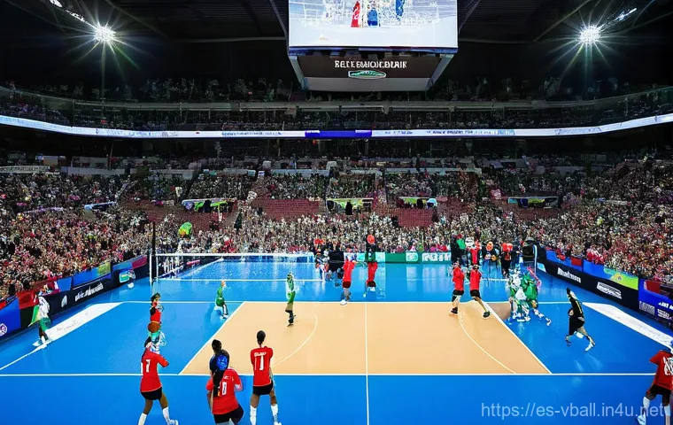 배구 경기 관람 후 소감 작성 - **Prompt:** "A highly dynamic and intense shot from an indoor professional volleyball match. A male ...