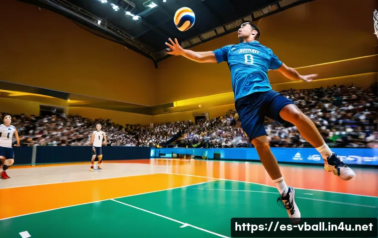 배구 규칙 해설서 - **Volleyball Player Executing a Powerful Jump Serve**
    A male volleyball player is captured in mi...