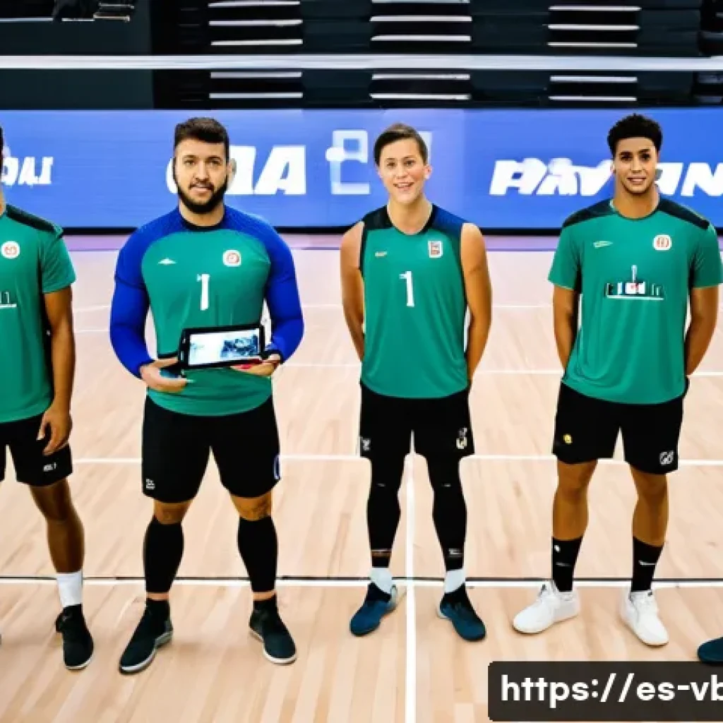 배구의 미래 - A high-tech volleyball training session featuring professional athletes wearing sports attire and sm...
