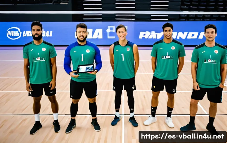 배구의 미래 - A high-tech volleyball training session featuring professional athletes wearing sports attire and sm...