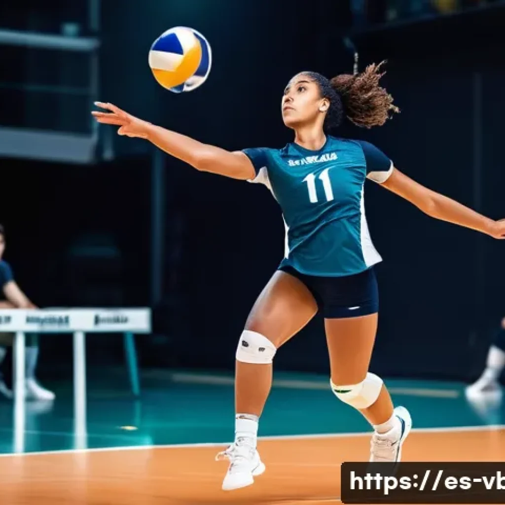 배구에서 서브 에이스 만드는 법 - A dynamic volleyball player executing a powerful jump serve on an indoor court, wearing a profession...