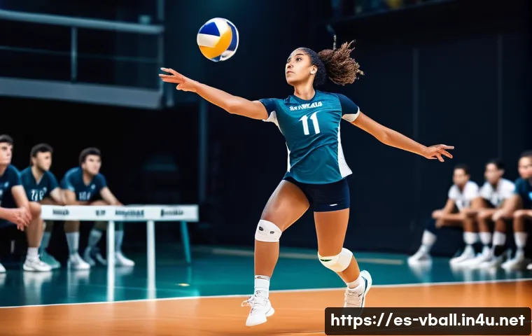 배구에서 서브 에이스 만드는 법 - A dynamic volleyball player executing a powerful jump serve on an indoor court, wearing a profession...