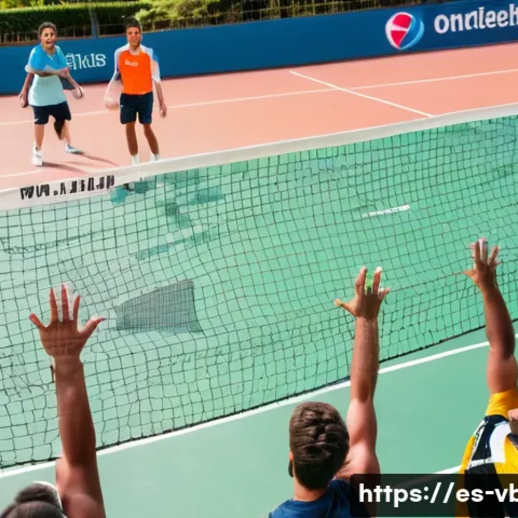 배구 팀 구성 팁 - A dynamic volleyball team practice scene on an outdoor court in a sunny Barcelona park, featuring di...