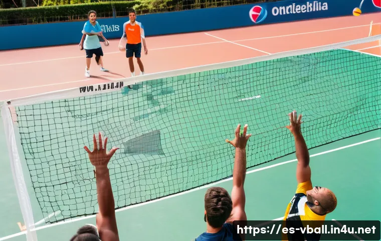 배구 팀 구성 팁 - A dynamic volleyball team practice scene on an outdoor court in a sunny Barcelona park, featuring di...