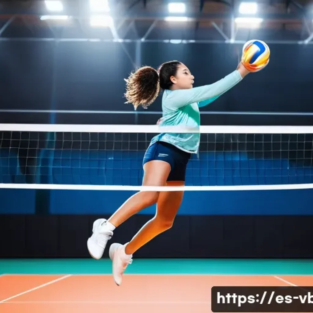 배구 장비 브랜드 순위 - A dynamic volleyball player in mid-air jump on an indoor court, wearing ultralight, high-tech volley...