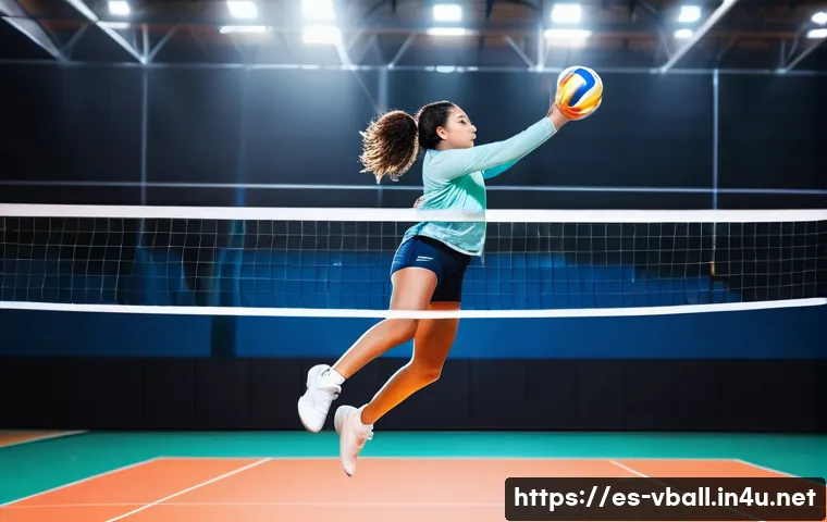 배구 장비 브랜드 순위 - A dynamic volleyball player in mid-air jump on an indoor court, wearing ultralight, high-tech volley...