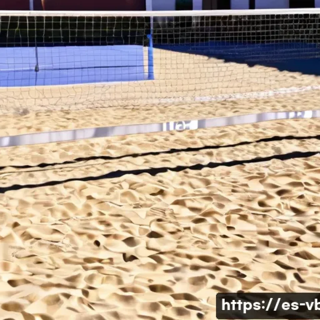 배구 네트 높이와 조정법 - A professional outdoor volleyball court in Spain during a sunny afternoon, featuring a perfectly ten...