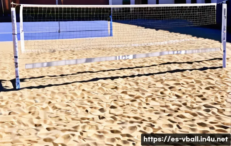 배구 네트 높이와 조정법 - A professional outdoor volleyball court in Spain during a sunny afternoon, featuring a perfectly ten...