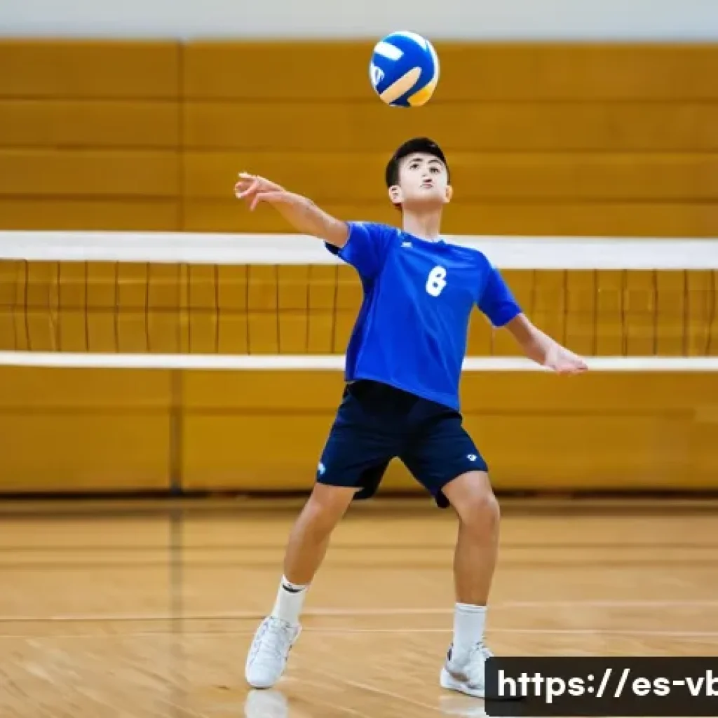 배구 훈련 시 가장 흔한 실수 - A young male volleyball player practicing his serve on an indoor court, wearing a fitted sports jers...