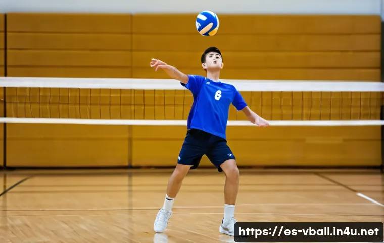 배구 훈련 시 가장 흔한 실수 - A young male volleyball player practicing his serve on an indoor court, wearing a fitted sports jers...