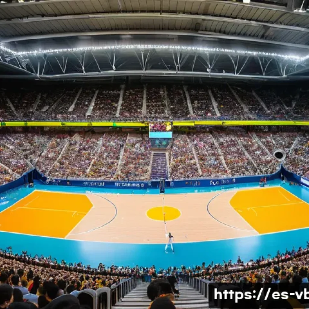 배구 경기장 좌석 배치 - A vibrant volleyball stadium scene showing a mid-level lateral grandstand packed with enthusiastic S...