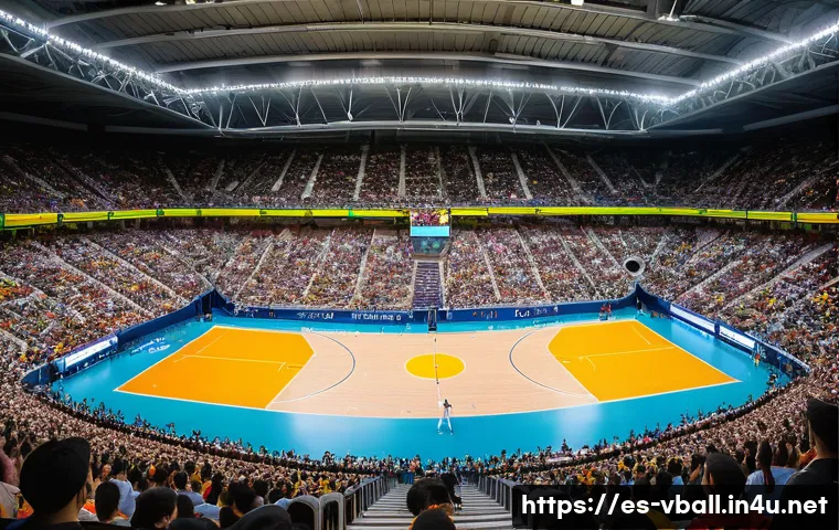 배구 경기장 좌석 배치 - A vibrant volleyball stadium scene showing a mid-level lateral grandstand packed with enthusiastic S...
