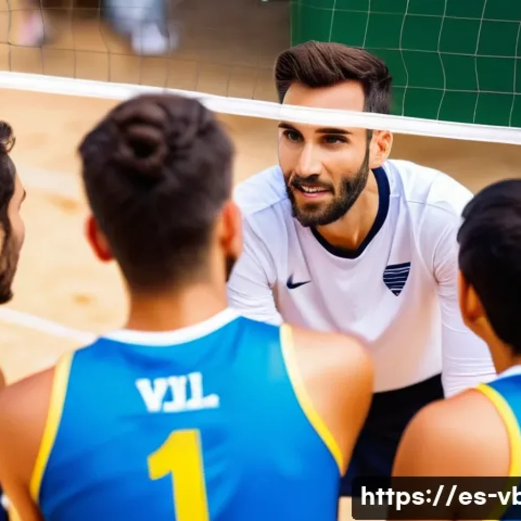 배구 경기 중 팀 리더십 개발 - A dynamic volleyball team huddle on an outdoor court in a sunny Spanish city, showing a diverse grou...