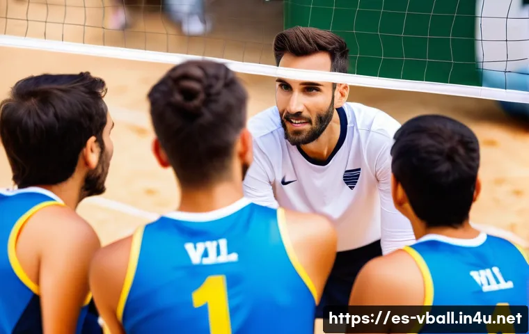 배구 경기 중 팀 리더십 개발 - A dynamic volleyball team huddle on an outdoor court in a sunny Spanish city, showing a diverse grou...