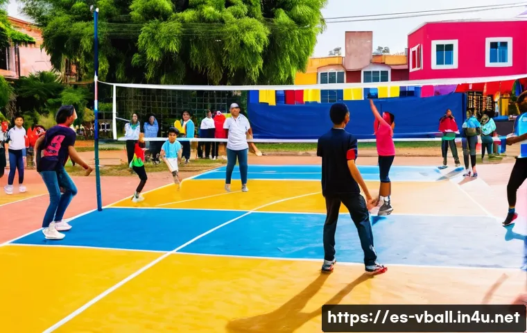 배구의 문화적 의미 - A vibrant community volleyball game in a lively Latin American neighborhood park during a sunny afte...