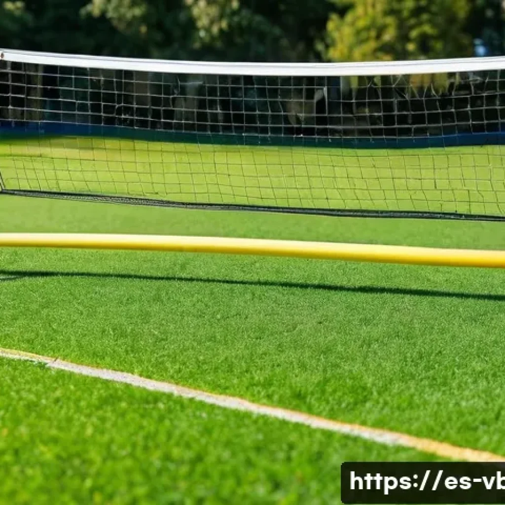 배구 훈련 기구 대여 - A vibrant outdoor volleyball training scene in a sunny Spanish park, featuring a portable volleyball...