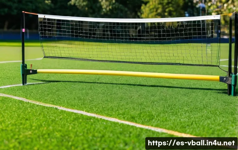 배구 훈련 기구 대여 - A vibrant outdoor volleyball training scene in a sunny Spanish park, featuring a portable volleyball...