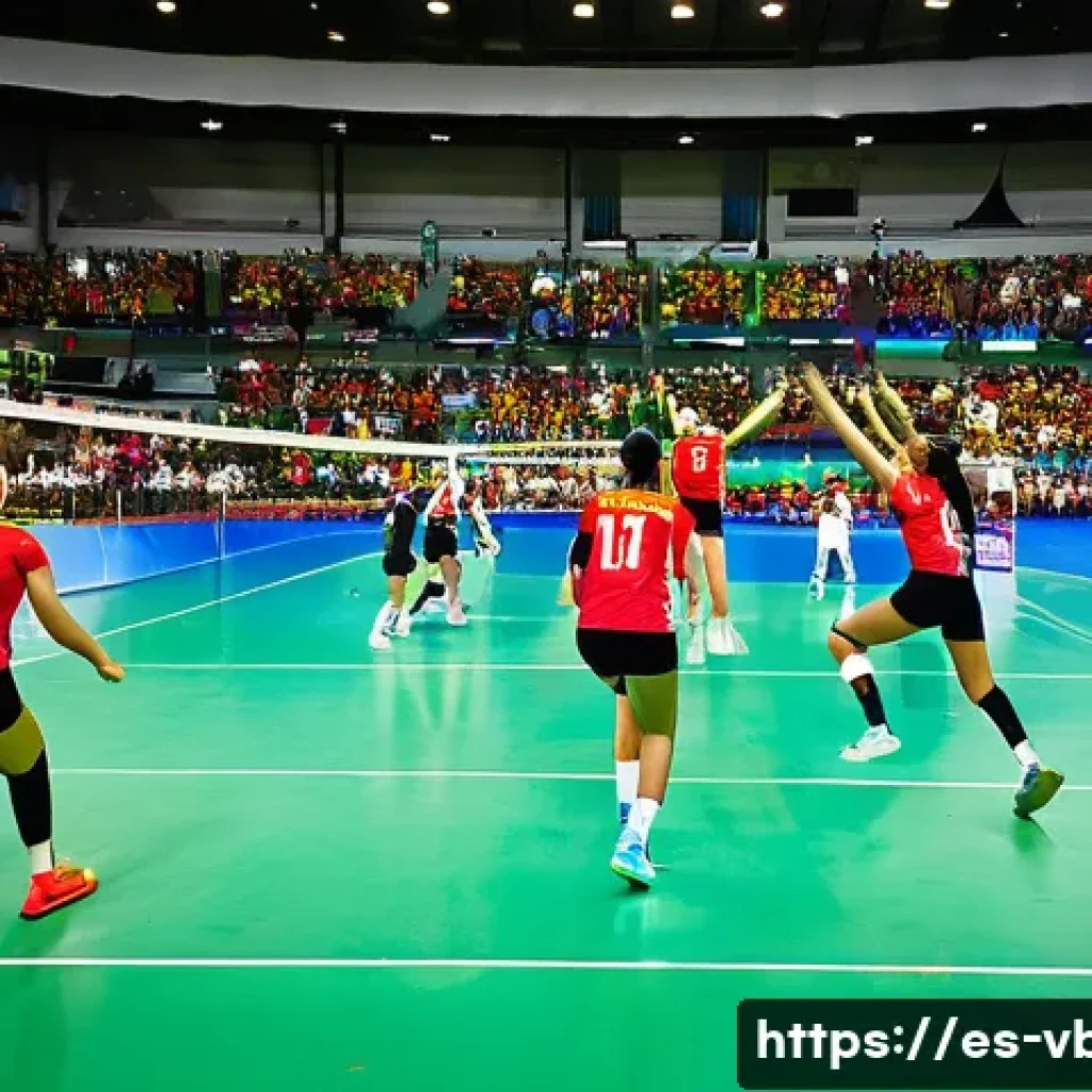 배구 경기 관전 매력 - A dynamic volleyball match scene inside a packed Latin American indoor stadium, vibrant crowd cheeri...