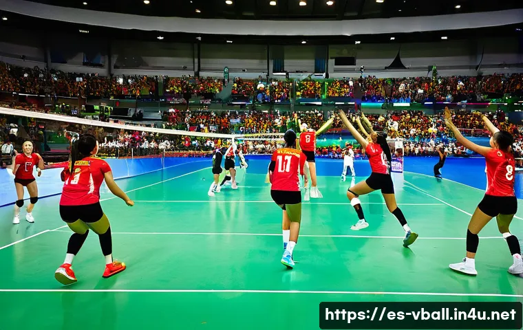 배구 경기 관전 매력 - A dynamic volleyball match scene inside a packed Latin American indoor stadium, vibrant crowd cheeri...