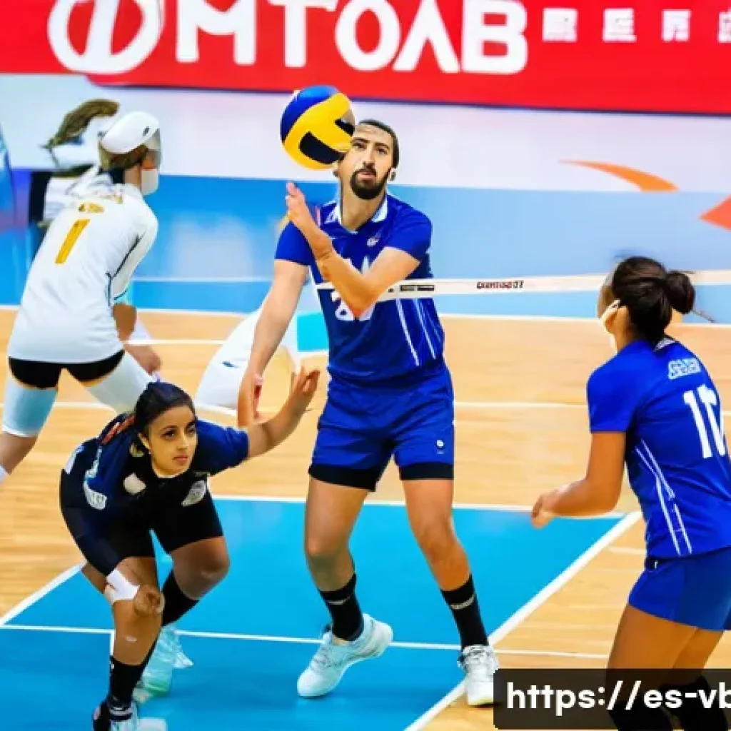 배구 규칙 시험 준비 - A vibrant indoor volleyball court scene in a professional sports arena filled with enthusiastic Span...