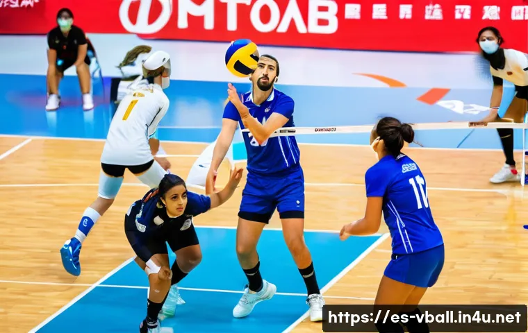 배구 규칙 시험 준비 - A vibrant indoor volleyball court scene in a professional sports arena filled with enthusiastic Span...