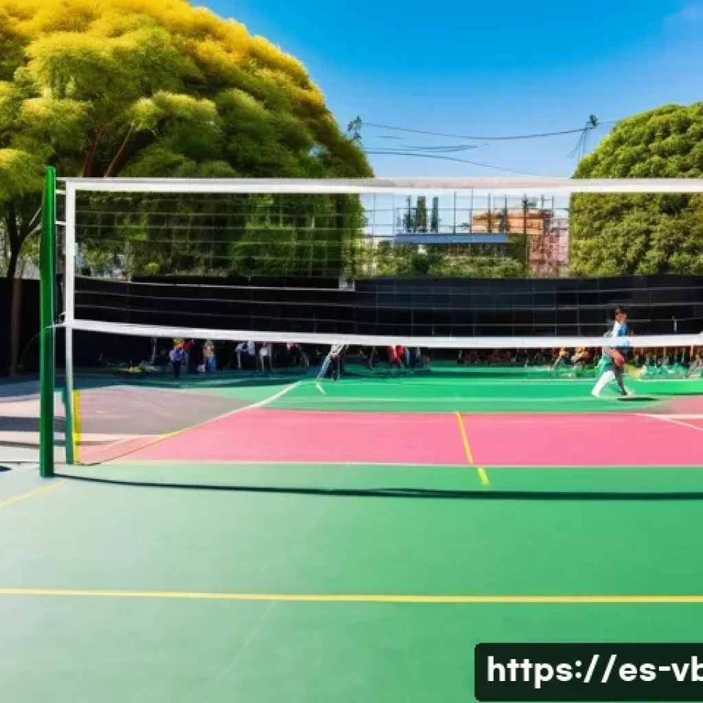 배구 관련 캠페인 아이디어 - A vibrant community volleyball court located in a sunny urban park in Mexico City, featuring a diver...