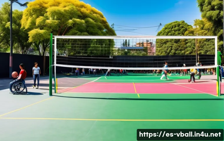 배구 관련 캠페인 아이디어 - A vibrant community volleyball court located in a sunny urban park in Mexico City, featuring a diver...