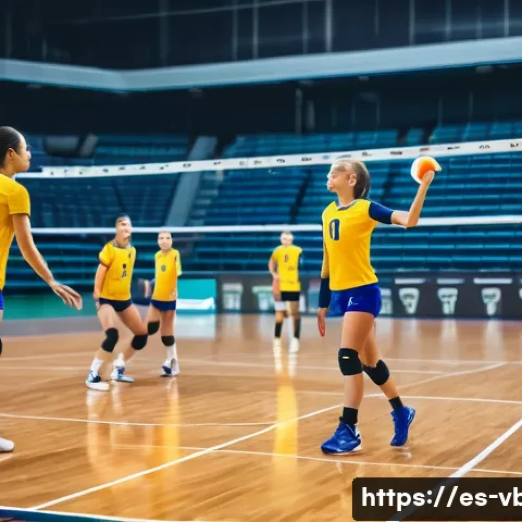 배구 경기에서의 효과적인 대화 - A dynamic volleyball team mid-match on an indoor court, featuring players wearing colorful sports un...