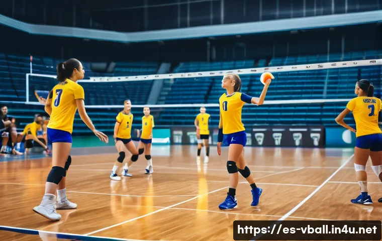 배구 경기에서의 효과적인 대화 - A dynamic volleyball team mid-match on an indoor court, featuring players wearing colorful sports un...