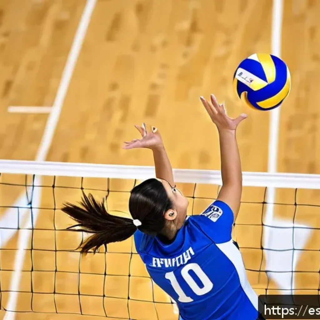 배구 경기 중 효율적인 작전 활용 - A dynamic volleyball match scene focused on a female player in mid-air performing a synchronized blo...