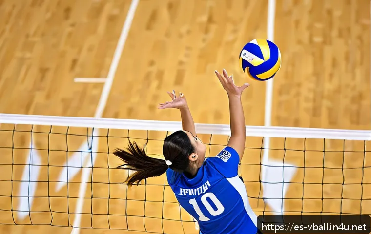 배구 경기 중 효율적인 작전 활용 - A dynamic volleyball match scene focused on a female player in mid-air performing a synchronized blo...