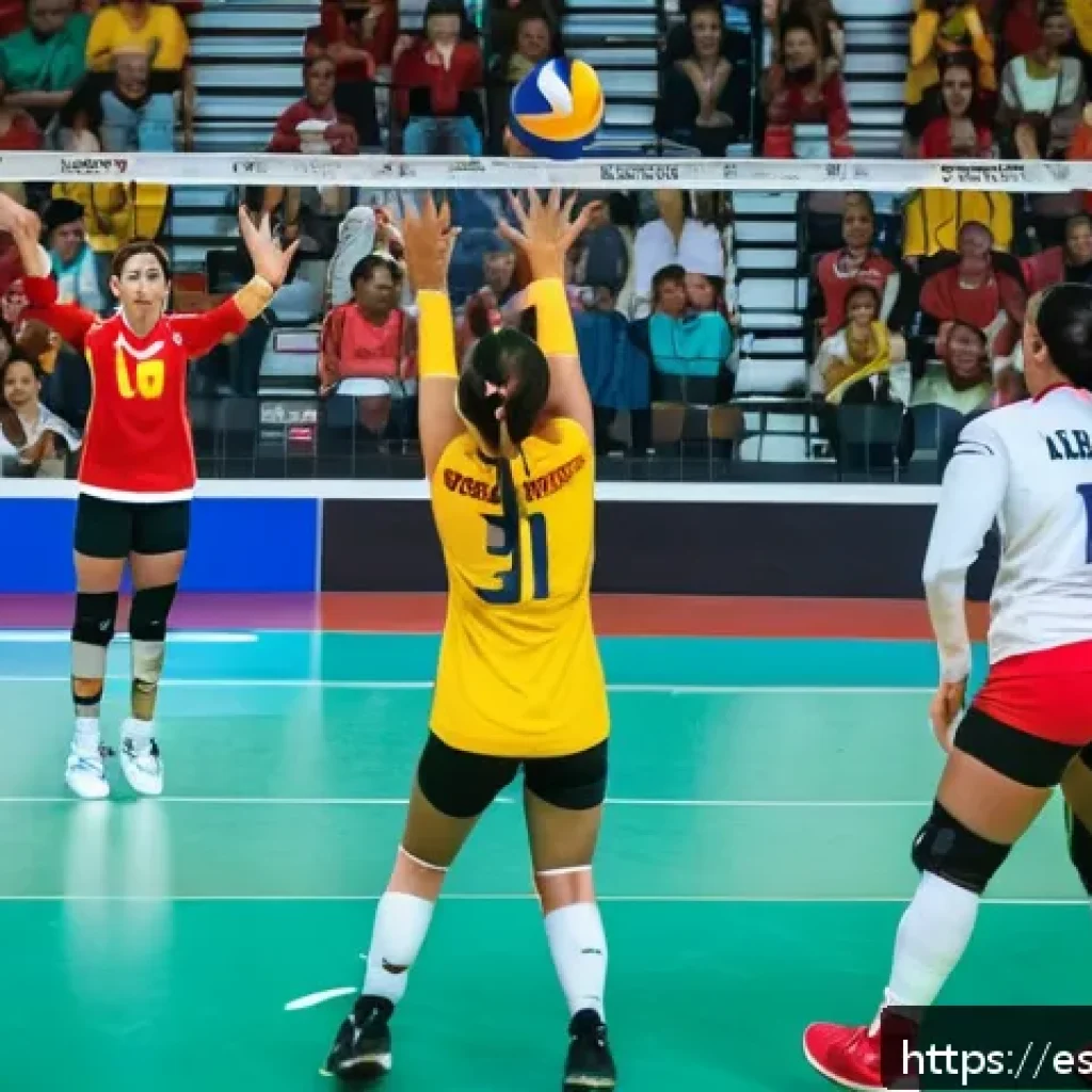 배구 경기에서 팀워크의 중요성 - A dynamic high-level volleyball match scene showing a diverse team of athletes communicating non-ver...