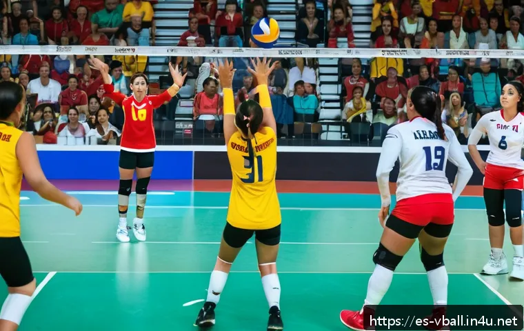 배구 경기에서 팀워크의 중요성 - A dynamic high-level volleyball match scene showing a diverse team of athletes communicating non-ver...