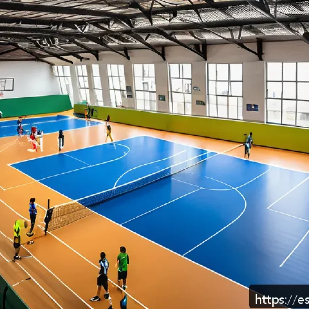 배구 경기에 적합한 장소 - A bright indoor volleyball court in Mexico City with large windows allowing natural sunlight to floo...