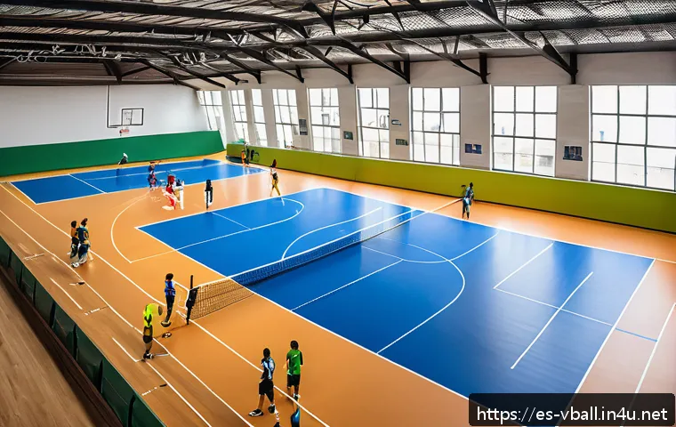 배구 경기에 적합한 장소 - A bright indoor volleyball court in Mexico City with large windows allowing natural sunlight to floo...